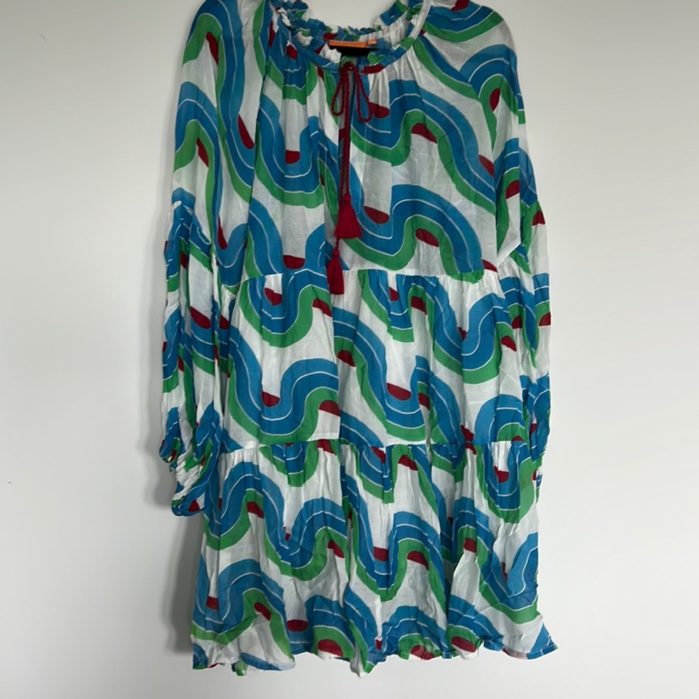 Oliphant xl long sleeve mini dress. Bottom half is lined. Tie neck.